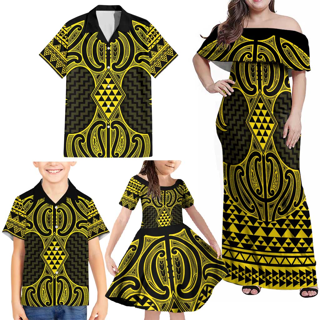 Mahi-dawg Maori Ta Moko Poutama Art Family Matching Off Shoulder Maxi Dress and Hawaiian Shirt LT9 - Polynesian Pride