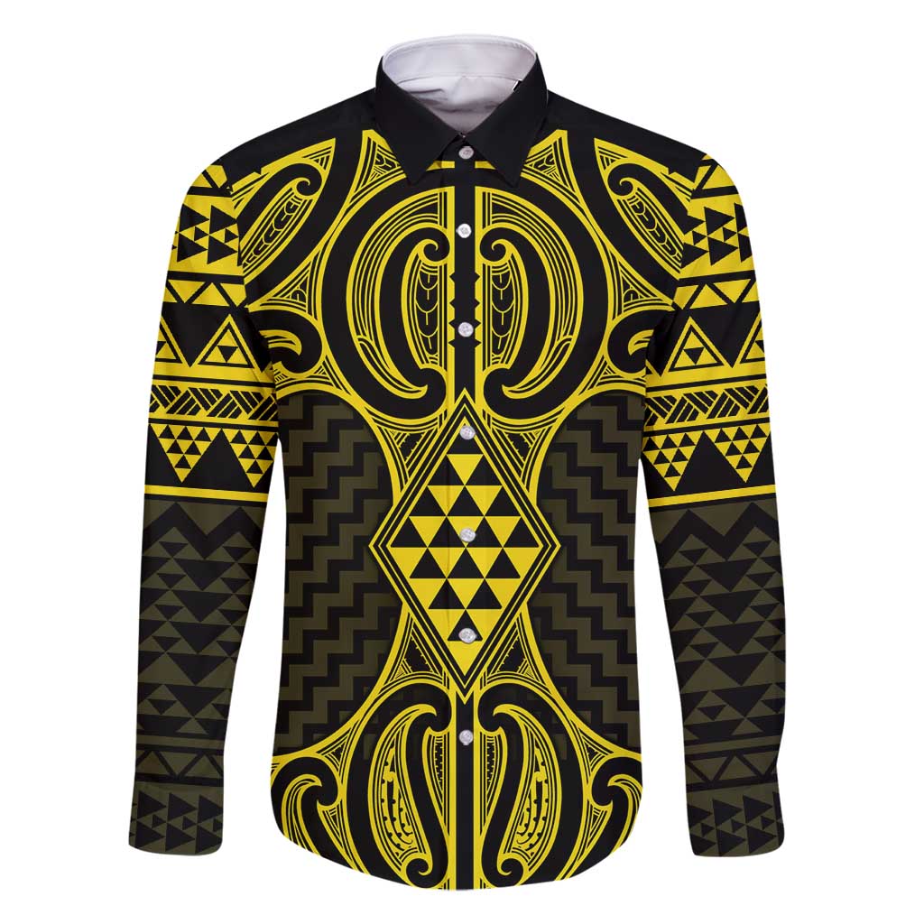 Mahi-dawg Maori Ta Moko Poutama Art Family Matching Off Shoulder Maxi Dress and Hawaiian Shirt LT9 Dad's Shirt - Long Sleeve Yellow - Polynesian Pride