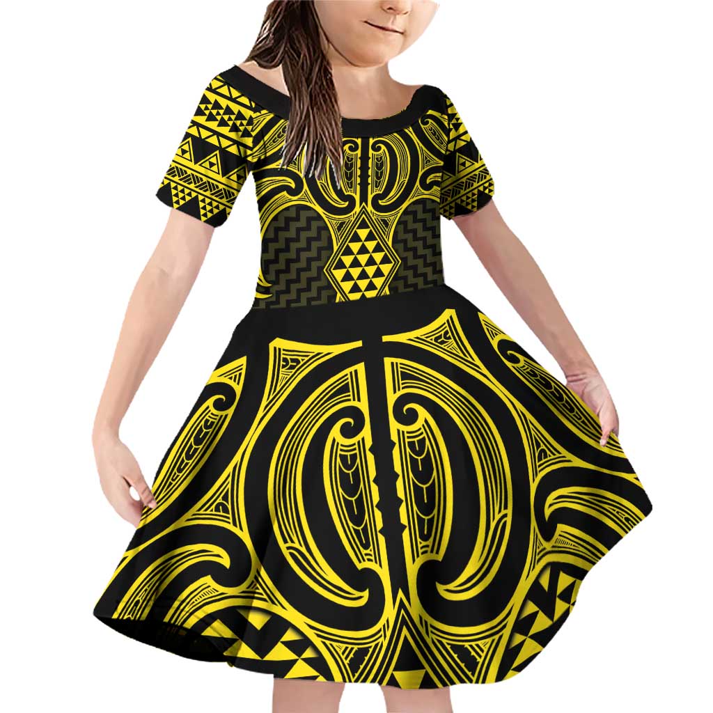 Mahi-dawg Maori Ta Moko Poutama Art Family Matching Off Shoulder Short Dress and Hawaiian Shirt LT9 Daughter's Dress Yellow - Polynesian Pride