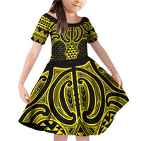 Mahi-dawg Maori Ta Moko Poutama Art Family Matching Off Shoulder Short Dress and Hawaiian Shirt LT9 Daughter's Dress Yellow - Polynesian Pride