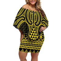 Mahi-dawg Maori Ta Moko Poutama Art Family Matching Off Shoulder Short Dress and Hawaiian Shirt LT9 Mom's Dress Yellow - Polynesian Pride