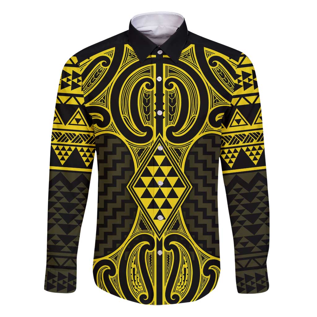 Mahi-dawg Maori Ta Moko Poutama Art Family Matching Puletasi and Hawaiian Shirt LT9 Dad's Shirt - Long Sleeve Yellow - Polynesian Pride