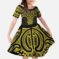 Mahi-dawg Maori Ta Moko Poutama Art Family Matching Short Sleeve Bodycon Dress and Hawaiian Shirt LT9 Daughter's Dress Yellow - Polynesian Pride
