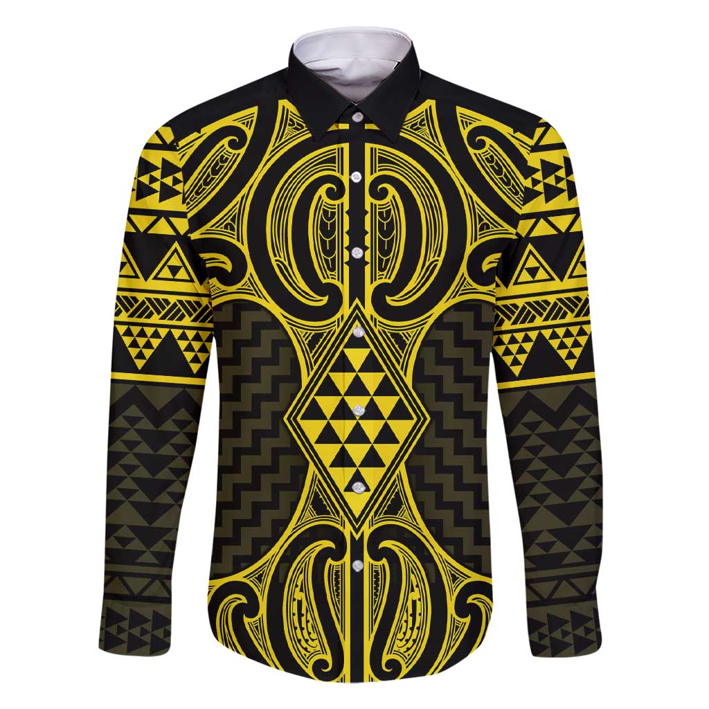 Mahi-dawg Maori Ta Moko Poutama Art Family Matching Short Sleeve Bodycon Dress and Hawaiian Shirt LT9 Dad's Shirt - Long Sleeve Yellow - Polynesian Pride