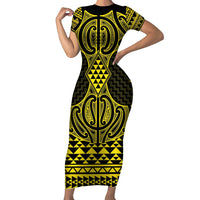 Mahi-dawg Maori Ta Moko Poutama Art Family Matching Short Sleeve Bodycon Dress and Hawaiian Shirt LT9 Mom's Dress Yellow - Polynesian Pride