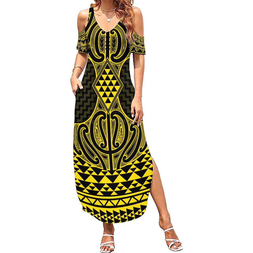 Mahi-dawg Maori Ta Moko Poutama Art Family Matching Summer Maxi Dress and Hawaiian Shirt LT9 Mom's Dress Yellow - Polynesian Pride