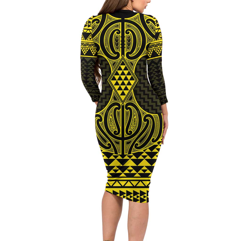 Mahi-dawg Maori Ta Moko Poutama Art Long Sleeve Bodycon Dress LT9 - Polynesian Pride