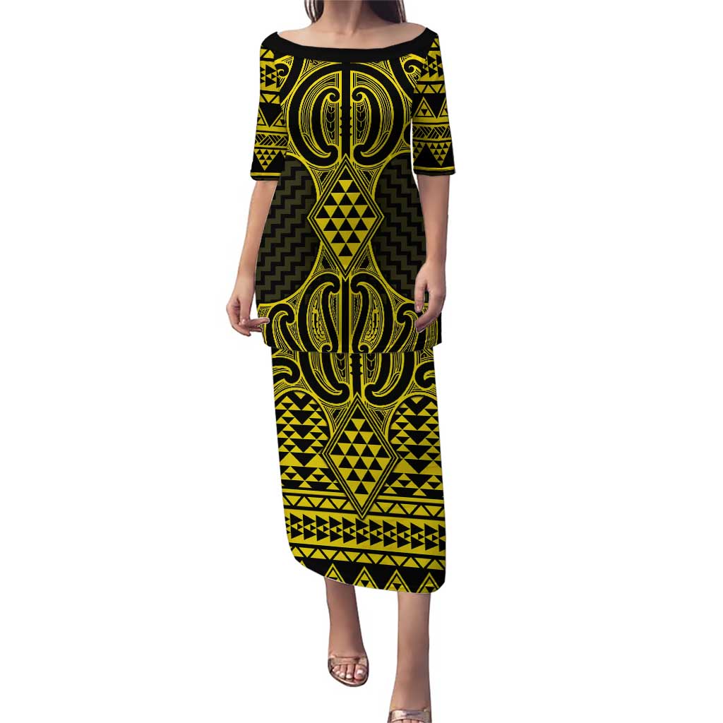 Mahi-dawg Maori Ta Moko Poutama Art Puletasi LT9 Long Dress Yellow - Polynesian Pride