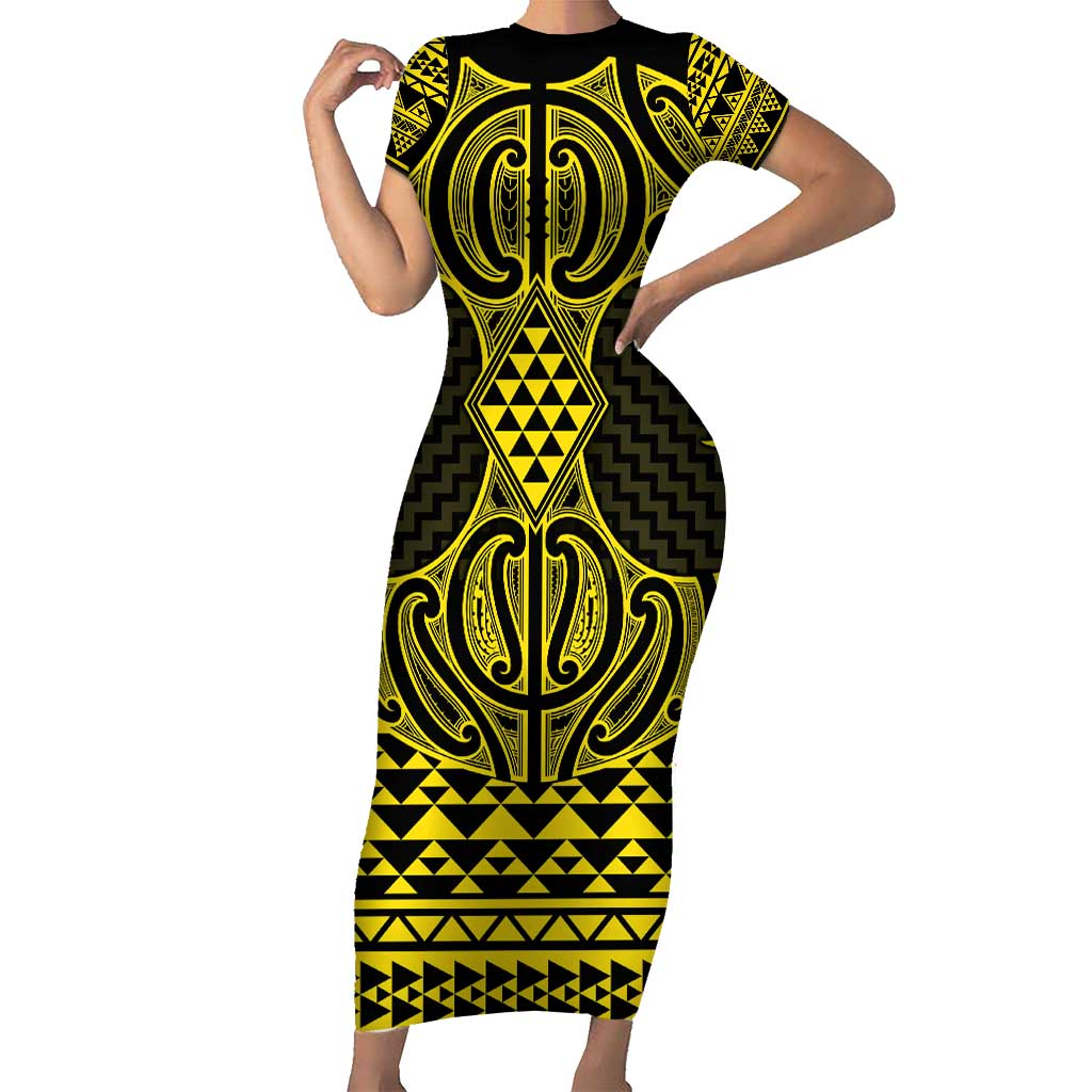 Mahi-dawg Maori Ta Moko Poutama Art Short Sleeve Bodycon Dress