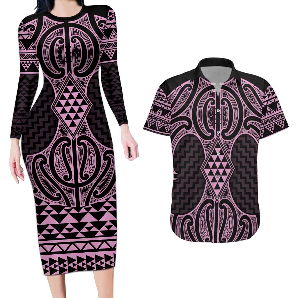 Mawhero Maori Ta Moko Poutama Art Couples Matching Long Sleeve Bodycon Dress and Hawaiian Shirt LT9 Pink - Polynesian Pride