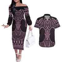 Mawhero Maori Ta Moko Poutama Art Couples Matching Off The Shoulder Long Sleeve Dress and Hawaiian Shirt LT9 Pink - Polynesian Pride