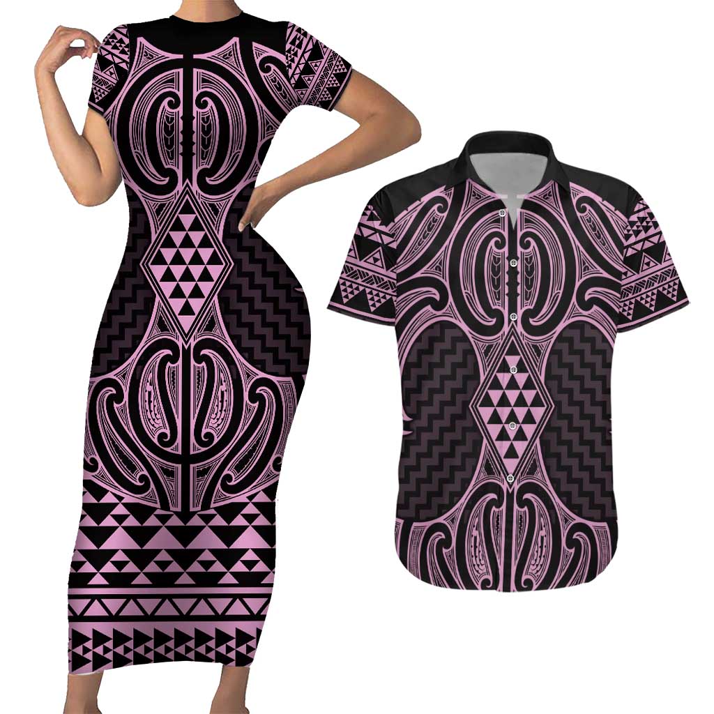 Mawhero Maori Ta Moko Poutama Art Couples Matching Short Sleeve Bodycon Dress and Hawaiian Shirt LT9 Pink - Polynesian Pride