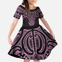 Mawhero Maori Ta Moko Poutama Art Family Matching Off The Shoulder Long Sleeve Dress and Hawaiian Shirt LT9 Daughter's Dress Pink - Polynesian Pride