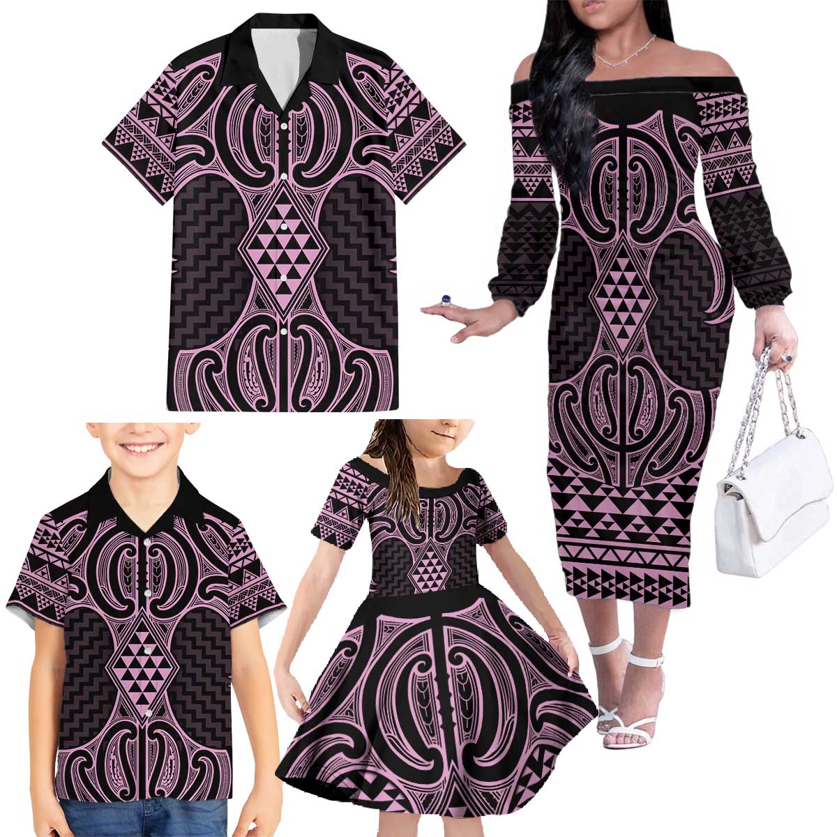 Mawhero Maori Ta Moko Poutama Art Family Matching Off The Shoulder Long Sleeve Dress and Hawaiian Shirt LT9 - Polynesian Pride