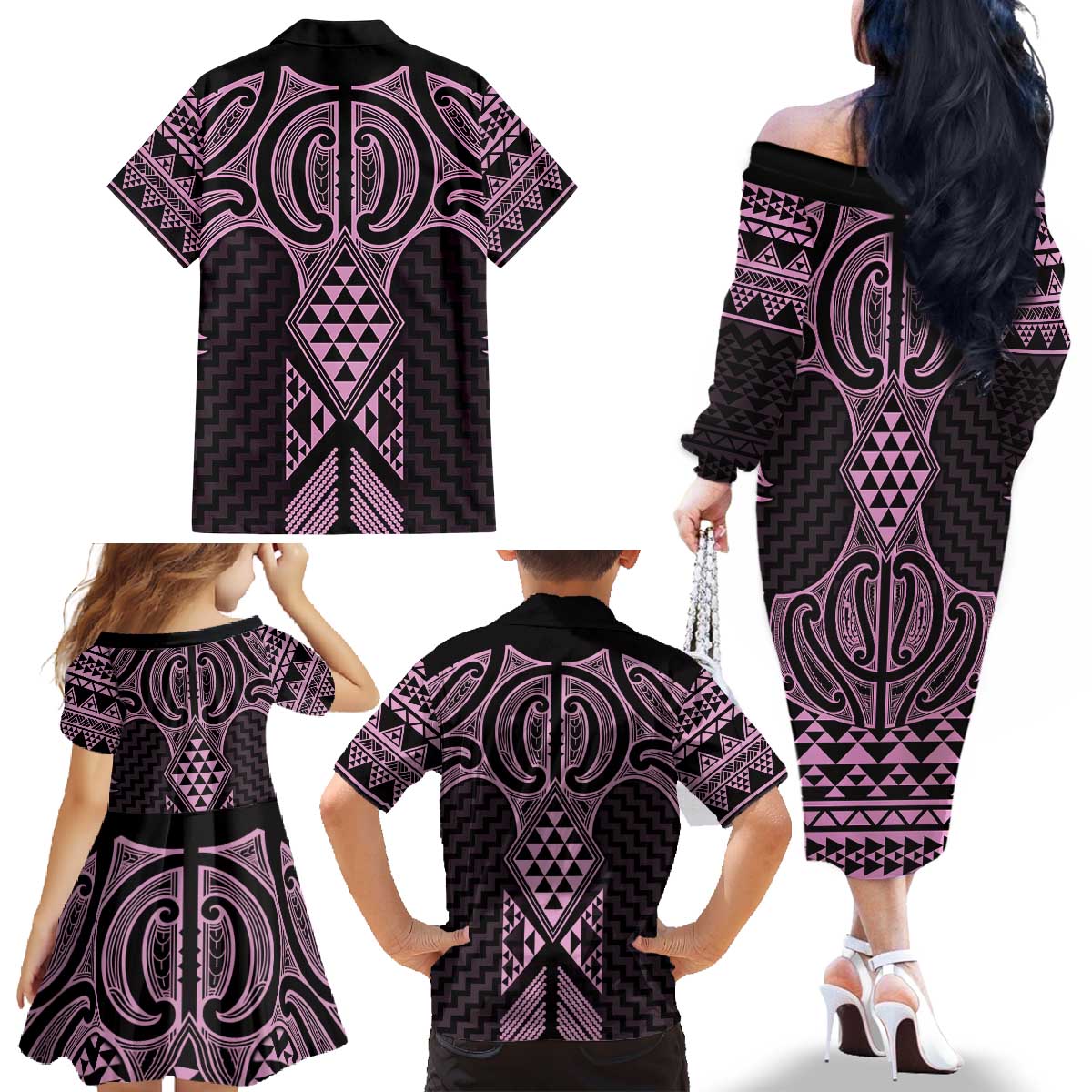 Mawhero Maori Ta Moko Poutama Art Family Matching Off The Shoulder Long Sleeve Dress and Hawaiian Shirt LT9 - Polynesian Pride
