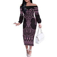 Mawhero Maori Ta Moko Poutama Art Family Matching Off The Shoulder Long Sleeve Dress and Hawaiian Shirt LT9 Mom's Dress Pink - Polynesian Pride