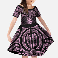 Mawhero Maori Ta Moko Poutama Art Family Matching Off Shoulder Maxi Dress and Hawaiian Shirt LT9 Daughter's Dress Pink - Polynesian Pride
