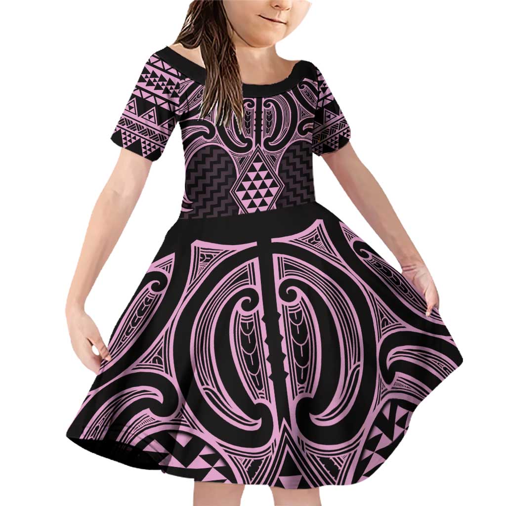 Mawhero Maori Ta Moko Poutama Art Family Matching Off Shoulder Short Dress and Hawaiian Shirt LT9 Daughter's Dress Pink - Polynesian Pride