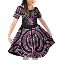 Mawhero Maori Ta Moko Poutama Art Family Matching Off Shoulder Short Dress and Hawaiian Shirt LT9 Daughter's Dress Pink - Polynesian Pride