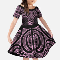 Mawhero Maori Ta Moko Poutama Art Family Matching Puletasi and Hawaiian Shirt LT9 Daughter's Dress Pink - Polynesian Pride