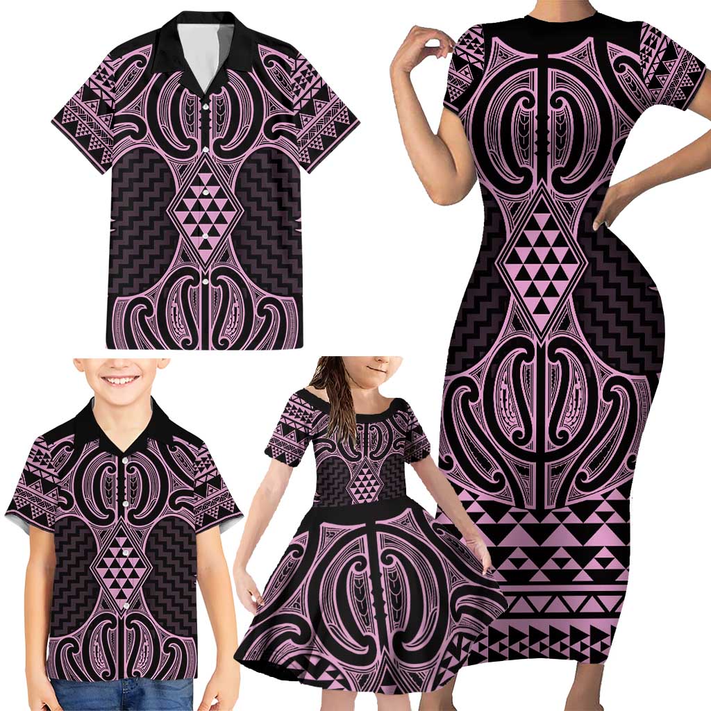 Mawhero Maori Ta Moko Poutama Art Family Matching Short Sleeve Bodycon Dress and Hawaiian Shirt LT9 - Polynesian Pride