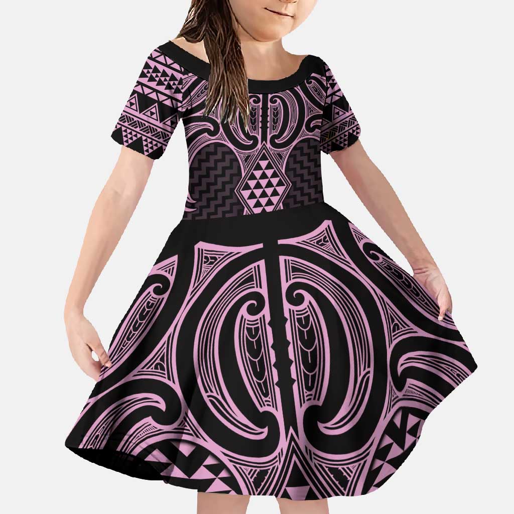 Mawhero Maori Ta Moko Poutama Art Family Matching Summer Maxi Dress and Hawaiian Shirt LT9 Daughter's Dress Pink - Polynesian Pride