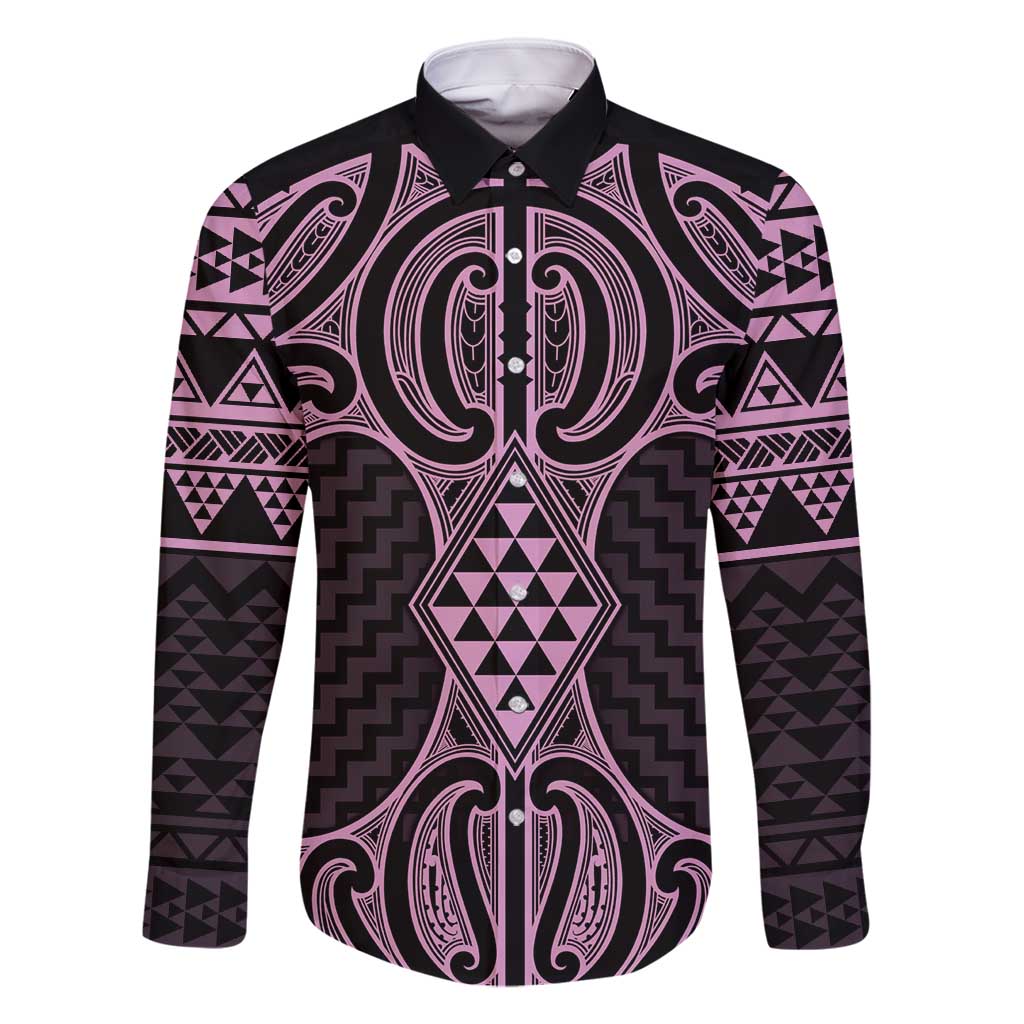 Mawhero Maori Ta Moko Poutama Art Family Matching Tank Maxi Dress and Hawaiian Shirt LT9 Dad's Shirt - Long Sleeve Pink - Polynesian Pride