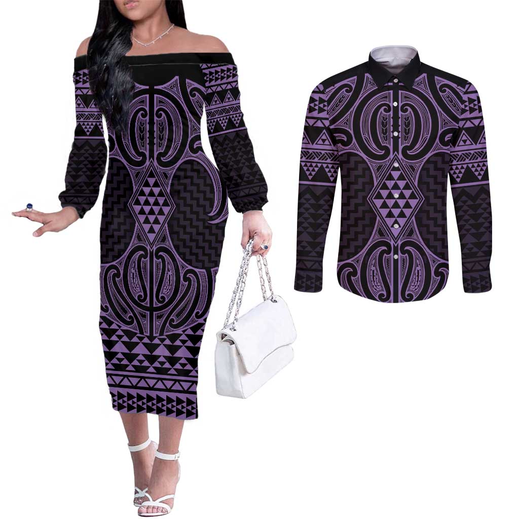 Waiporoporo Maori Ta Moko Poutama Art Couples Matching Off The Shoulder Long Sleeve Dress and Long Sleeve Button Shirt LT9 Purple - Polynesian Pride