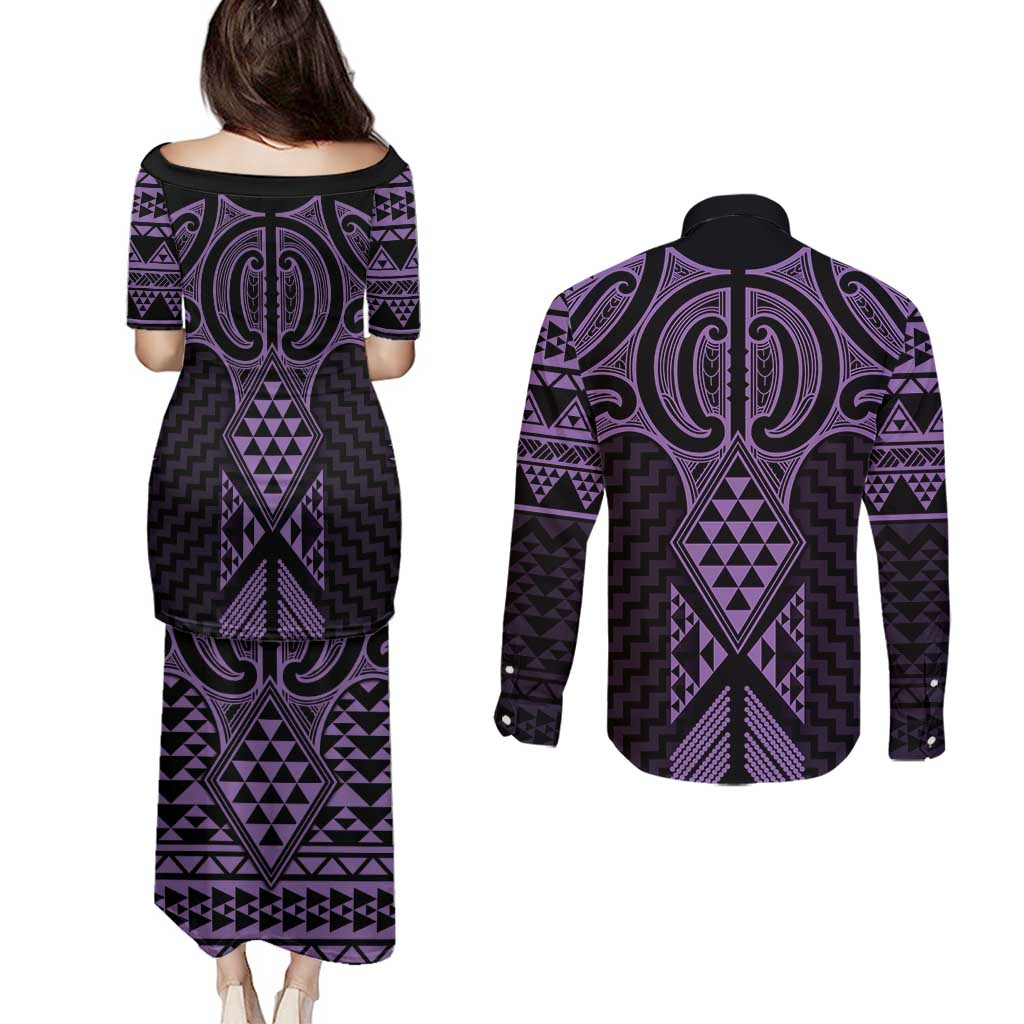 Waiporoporo Maori Ta Moko Poutama Art Couples Matching Puletasi and Long Sleeve Button Shirt