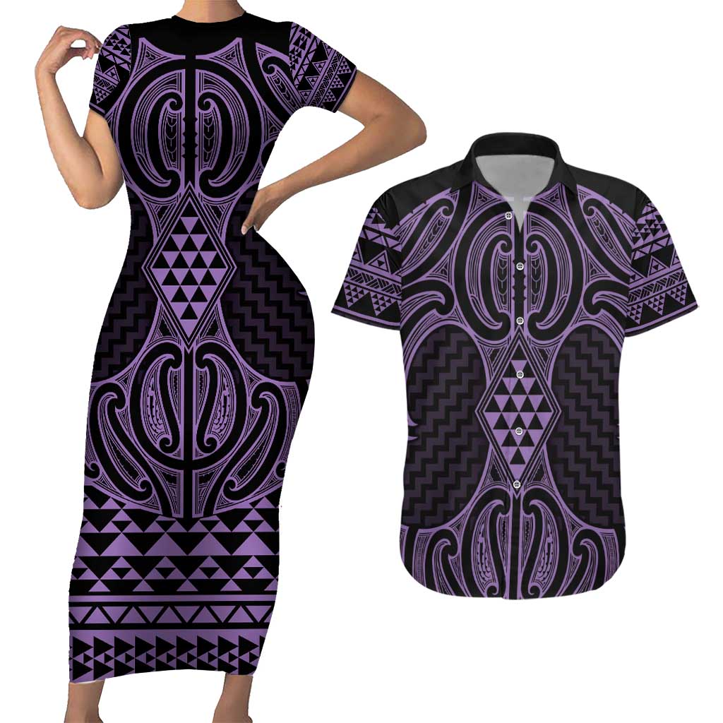 Waiporoporo Maori Ta Moko Poutama Art Couples Matching Short Sleeve Bodycon Dress and Hawaiian Shirt LT9 Purple - Polynesian Pride