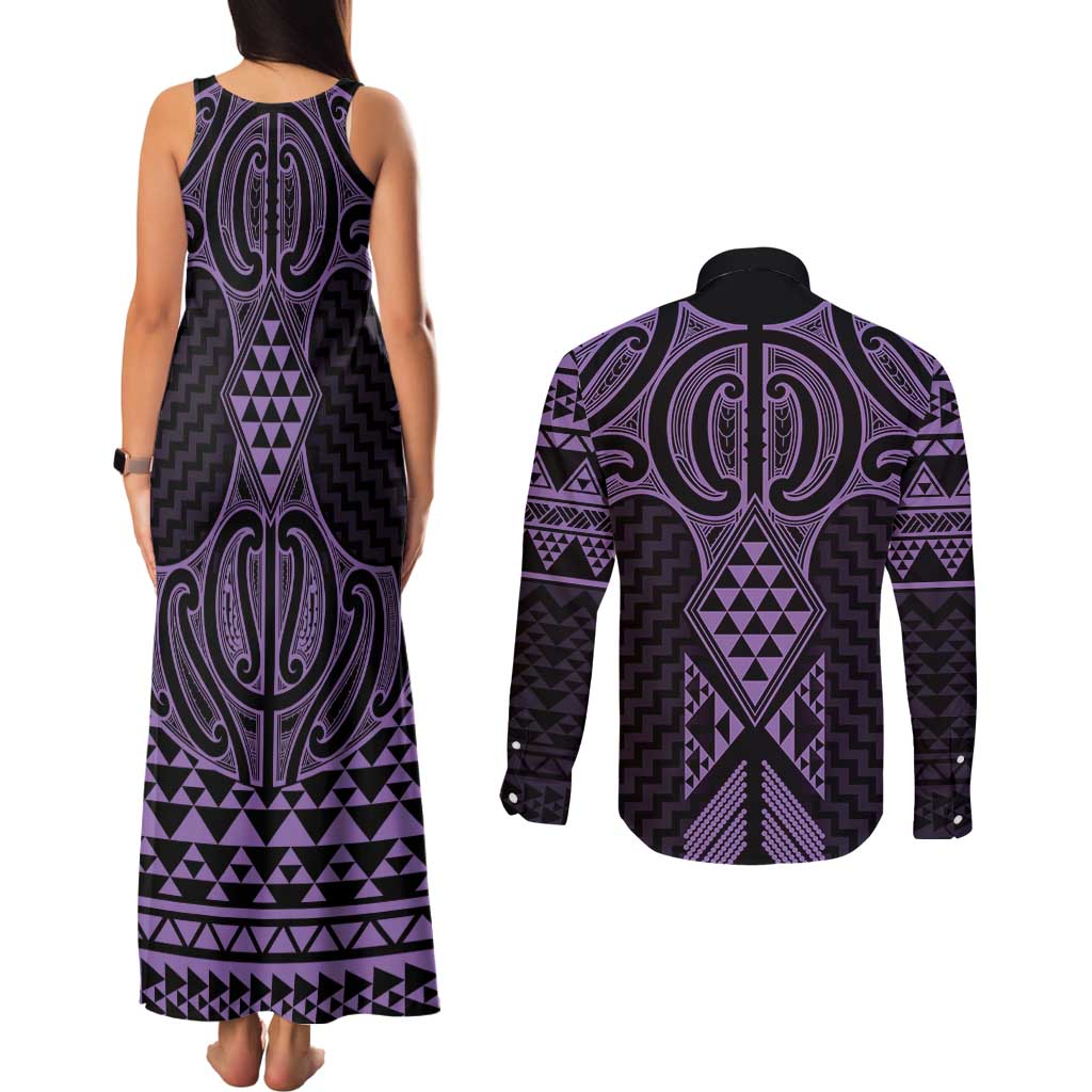 Waiporoporo Maori Ta Moko Poutama Art Couples Matching Tank Maxi Dress and Long Sleeve Button Shirt LT9 - Polynesian Pride
