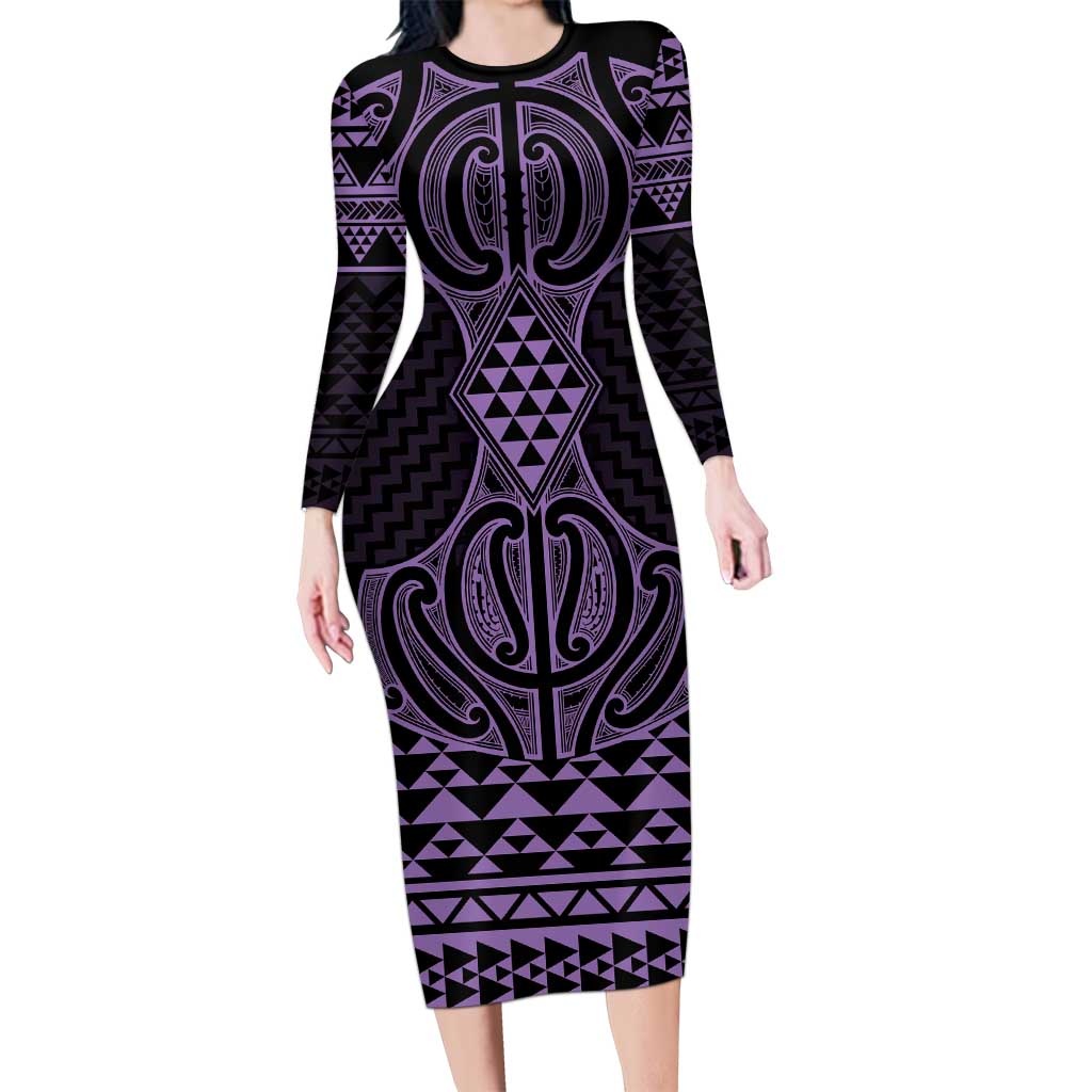 Waiporoporo Maori Ta Moko Poutama Art Family Matching Long Sleeve Bodycon Dress and Hawaiian Shirt LT9 Mom's Dress Purple - Polynesian Pride