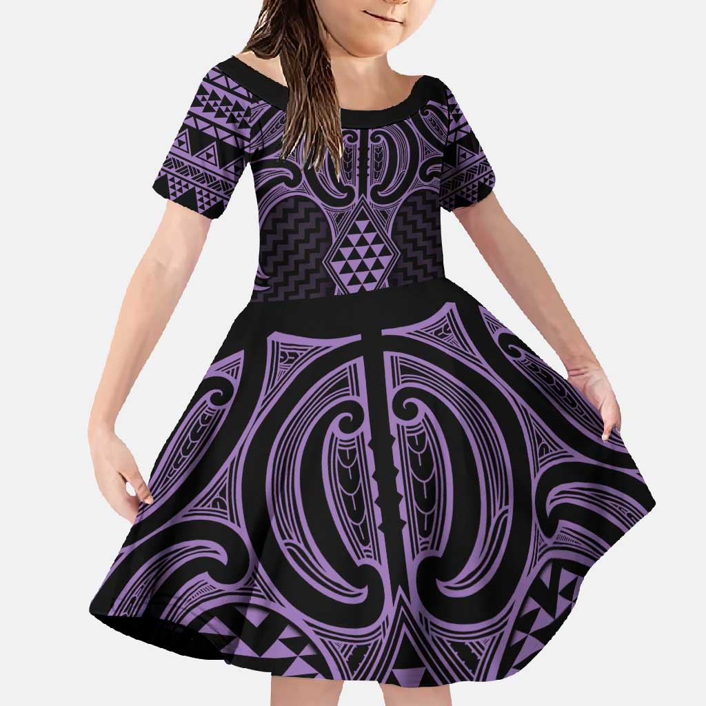 Waiporoporo Maori Ta Moko Poutama Art Family Matching Mermaid Dress and Hawaiian Shirt LT9 Daughter's Dress Purple - Polynesian Pride