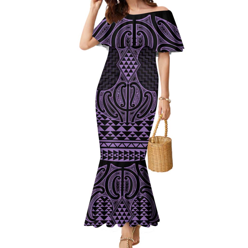 Waiporoporo Maori Ta Moko Poutama Art Family Matching Mermaid Dress and Hawaiian Shirt LT9 Mom's Dress Purple - Polynesian Pride