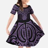 Waiporoporo Maori Ta Moko Poutama Art Family Matching Off Shoulder Maxi Dress and Hawaiian Shirt LT9 Daughter's Dress Purple - Polynesian Pride
