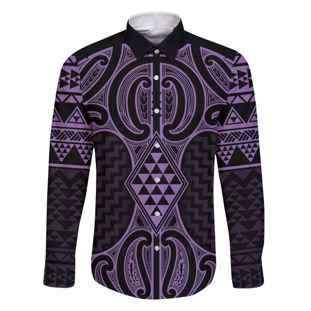 Waiporoporo Maori Ta Moko Poutama Art Family Matching Off Shoulder Maxi Dress and Hawaiian Shirt LT9 Dad's Shirt - Long Sleeve Purple - Polynesian Pride
