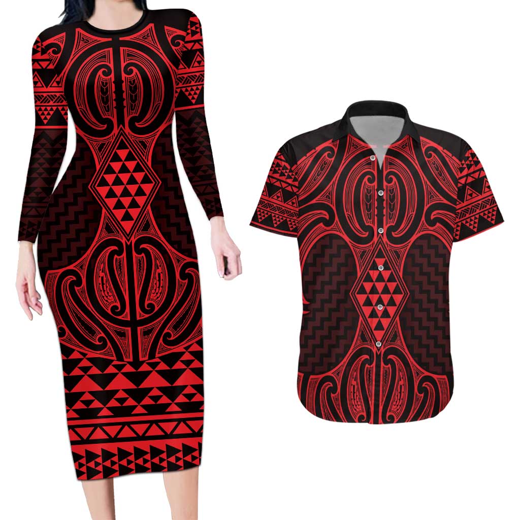 Whero Maori Ta Moko Poutama Art Couples Matching Long Sleeve Bodycon Dress and Hawaiian Shirt LT9 Red - Polynesian Pride