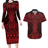 Whero Maori Ta Moko Poutama Art Couples Matching Long Sleeve Bodycon Dress and Hawaiian Shirt LT9 Red - Polynesian Pride