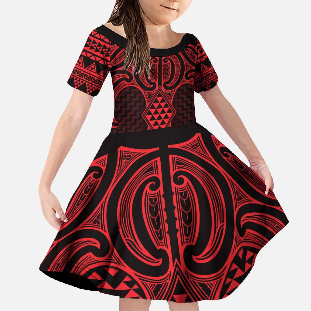 Whero Maori Ta Moko Poutama Art Family Matching Long Sleeve Bodycon Dress and Hawaiian Shirt LT9 Daughter's Dress Red - Polynesian Pride