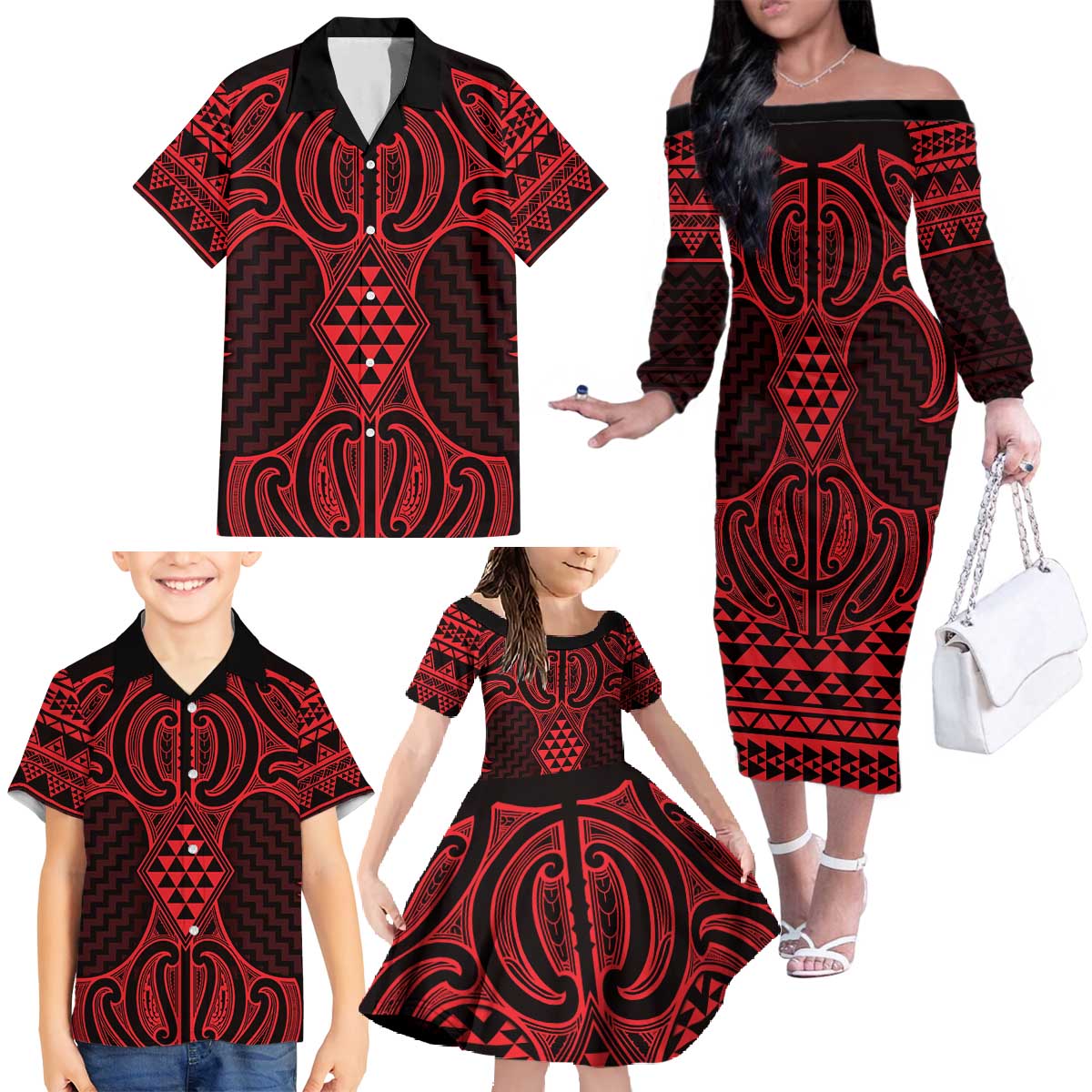 Whero Maori Ta Moko Poutama Art Family Matching Off The Shoulder Long Sleeve Dress and Hawaiian Shirt LT9 - Polynesian Pride