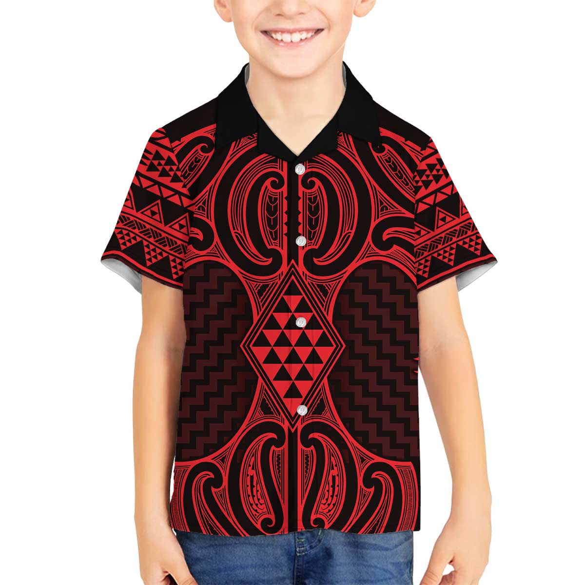 Whero Maori Ta Moko Poutama Art Family Matching Off The Shoulder Long Sleeve Dress and Hawaiian Shirt LT9 Son's Shirt Red - Polynesian Pride