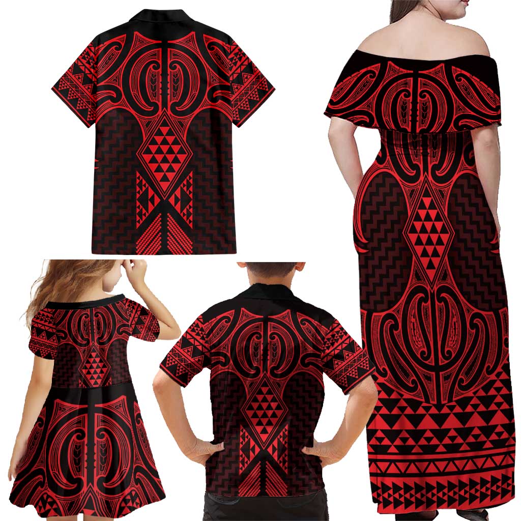 Whero Maori Ta Moko Poutama Art Family Matching Off Shoulder Maxi Dress and Hawaiian Shirt LT9 - Polynesian Pride