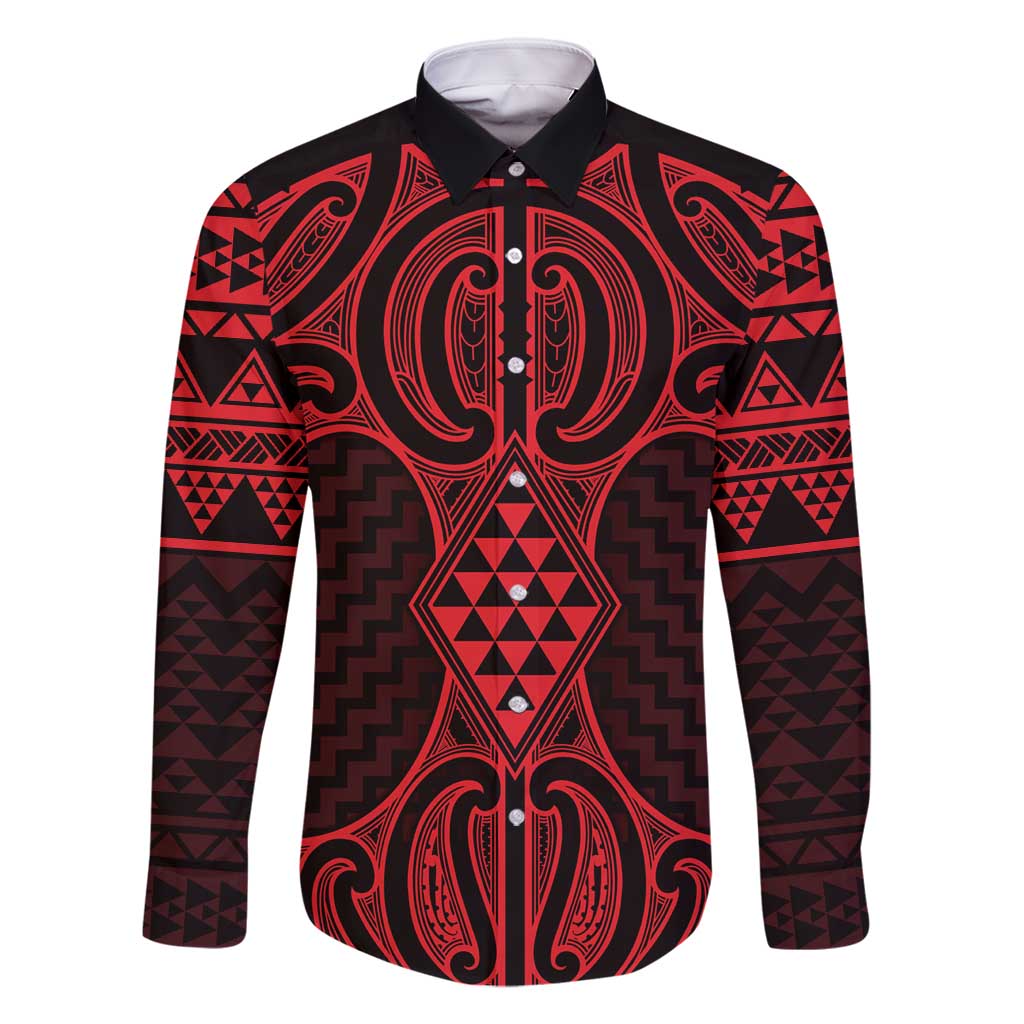 Whero Maori Ta Moko Poutama Art Family Matching Off Shoulder Maxi Dress and Hawaiian Shirt LT9 Dad's Shirt - Long Sleeve Red - Polynesian Pride