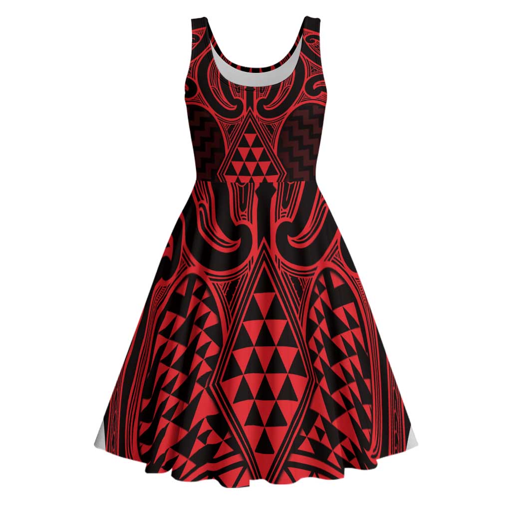 Whero Maori Ta Moko Poutama Art Midi Dress LT9 Red - Polynesian Pride