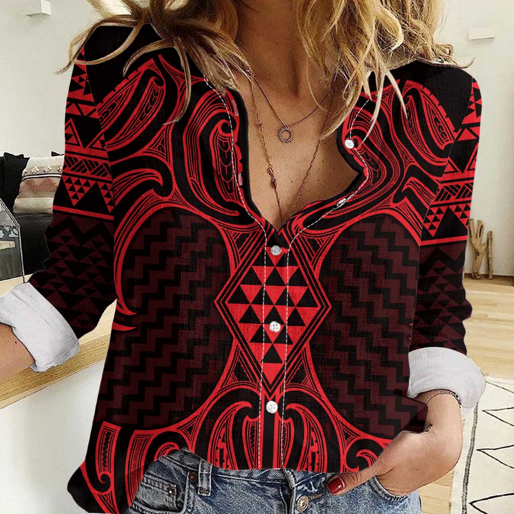 Whero Maori Ta Moko Poutama Art Women Casual Shirt LT9 Female Red - Polynesian Pride