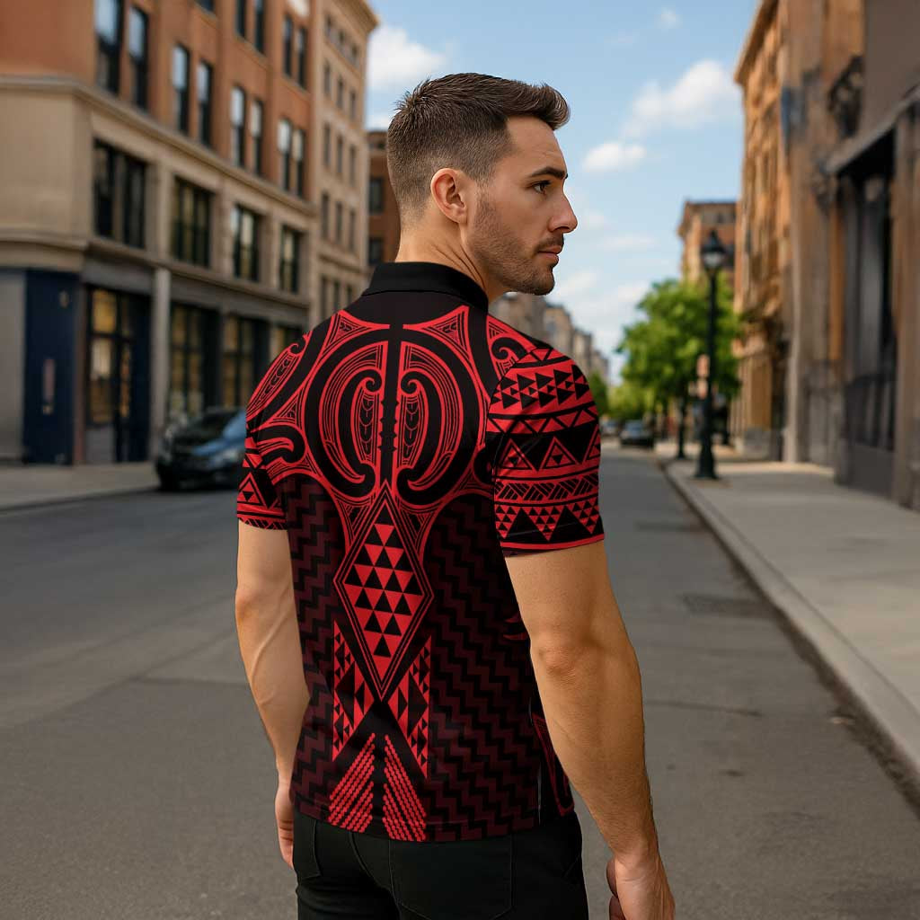 Whero Maori Ta Moko Poutama Art Zipper Polo Shirt - Polynesian Pride