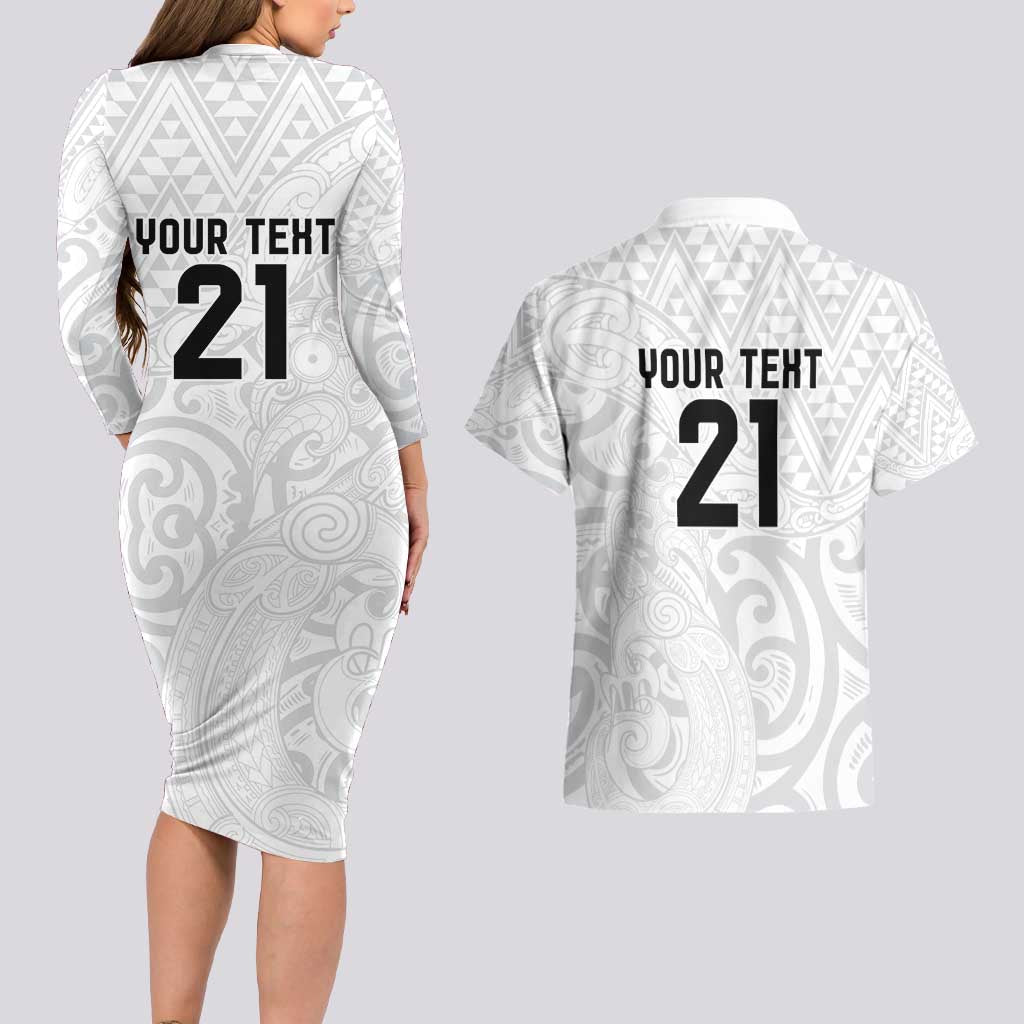 New Zealand Rangatira Custom Couples Matching Long Sleeve Bodycon Dress and Hawaiian Shirt All White Niho Taniwha Maori Tribal LT9 - Polynesian Pride