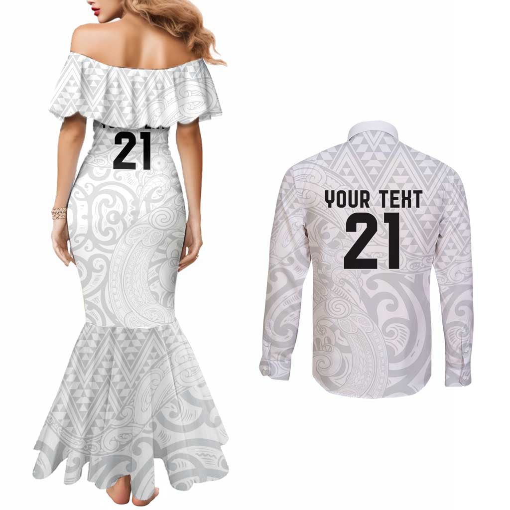 New Zealand Rangatira Custom Couples Matching Mermaid Dress and Long Sleeve Button Shirt All White Niho Taniwha Maori Tribal