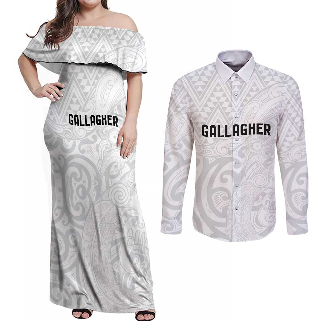 New Zealand Rangatira Custom Couples Matching Off Shoulder Maxi Dress and Long Sleeve Button Shirt All White Niho Taniwha Maori Tribal LT9 White - Polynesian Pride