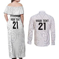 New Zealand Rangatira Custom Couples Matching Off Shoulder Maxi Dress and Long Sleeve Button Shirt All White Niho Taniwha Maori Tribal LT9 - Polynesian Pride